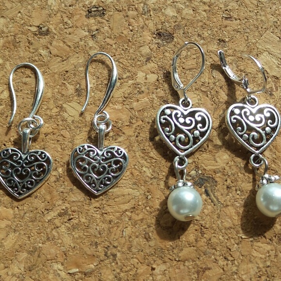 2 Pairs Of Tibet Silver Tone Heart Shaped Earrings - Picture 1 of 11